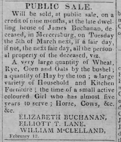 1822 Franklin County advertisement for a public sale to include a young enslaved Black girl.
